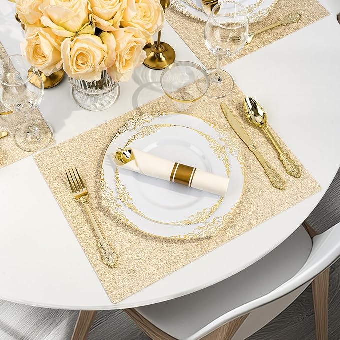 Bestluck 350PCS Gold Plastic Plates for 50 Guests, Disposable Dinnerware Sets Include 100 Gold Rim Plastic Plates, 50 Silverwares, 50 Cups, and 50 Pre Rolled Napkins for Party, Wedding, Graduation