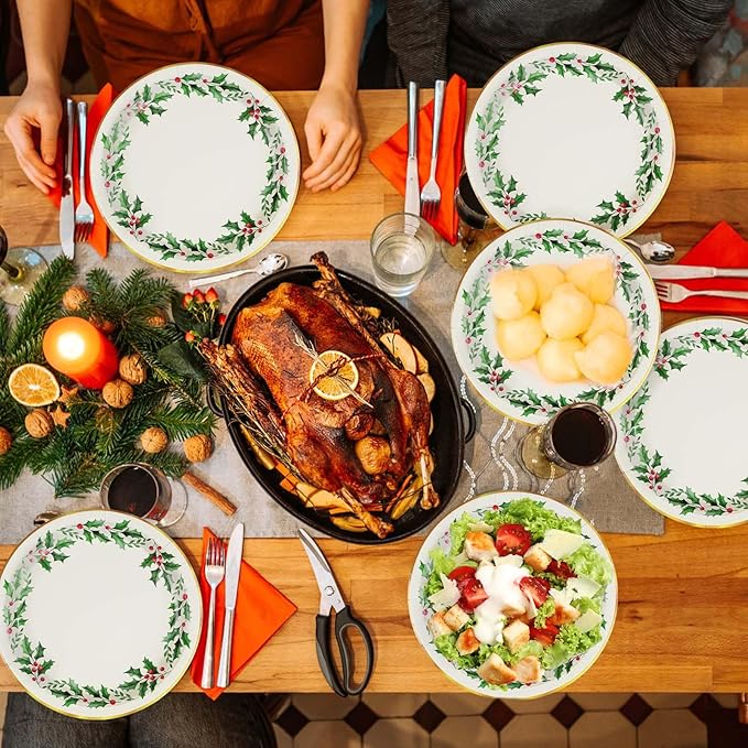 50 Pcs Christmas Round Plates 10" Large Disposable 400 GSM Heavy Duty Holly Leaf Paper Plates Gold Foil Dessert Plates Merry Christmas Birthday Party Decorations for Festive Xmas Theme Party Supplies