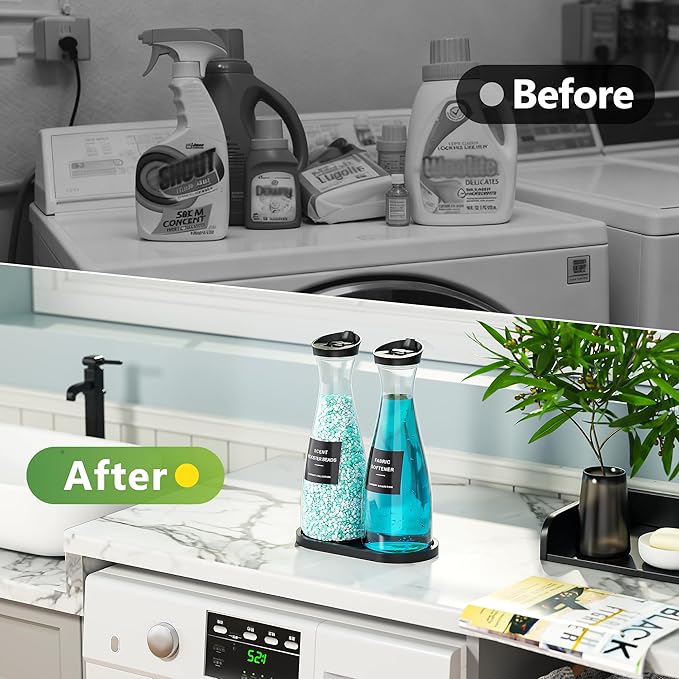 Galasily 2 Pack Laundry Detergent Dispenser Container with Tray, 54OZ Liquid Laundry Soap Dispenser with Labels, Black Laundry Room Organization for Powder, and Fabric Softener
