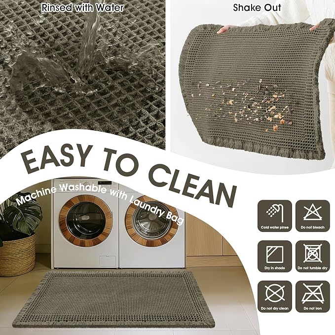 Upgraded Waffle Bath Mat Set 3 Piece Greyish Green-Bordered, Super Absorbent Non-Slip Quick Dry Bathroom Rugs with Tassels, Machine Washable Ultra Soft Boho Bath Rugs, Toilet Mats Boho Farmhouse Decor