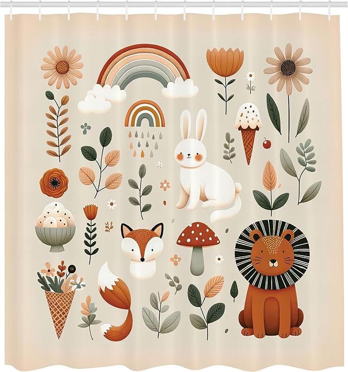 Ambesonne Jungle Shower Curtain, Happy Cartoon Lion Rabbit Fox Characters with Mushroom Rainbow Flowery, Cloth Fabric Bathroom Decor Set with Hooks, 69" W x 70" L, Cinnamon and Eggshell