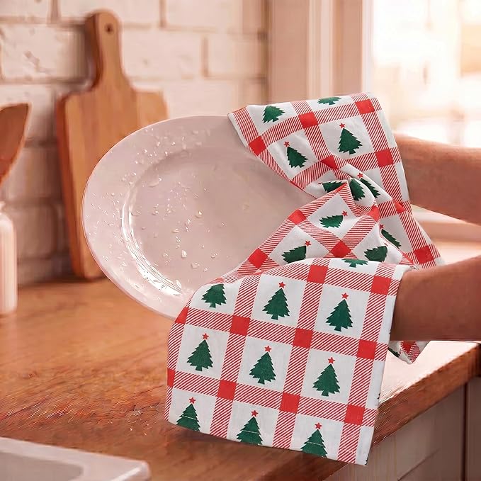Urban Villa Christmas Kitchen Towels Christmas Tree Print Premium Quality 100% Cotton Dish Towels Mitered Corners Ultra Soft (Size: 20X30 Inches) Highly Absorbent Bar Towels & Tea Towels - (Set of 6)