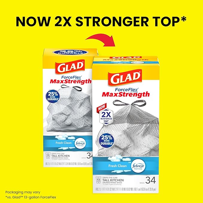 Glad Kitchen Trash Bags, 13 Gallon, Fresh Clean | ForceFlex MaxStrength | Tall Kitchen | 34 Count, Pack of 6