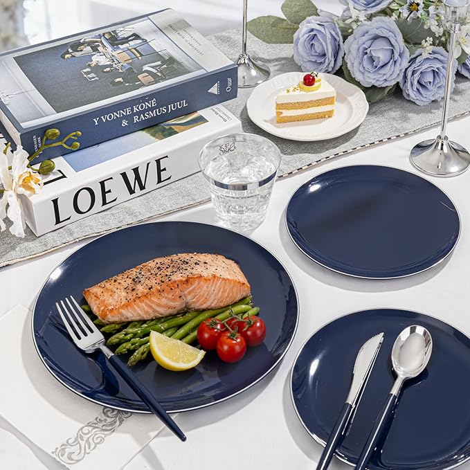 KIRE 175Pcs Blue Plastic Plates with Silver Rim & Disposable Silverware with Blue Handle & Silver-rim Cups & Hand Napkin & Plastic Dinnerware for Parties/Wedding/Graduation/Memorial Day/Father's Day