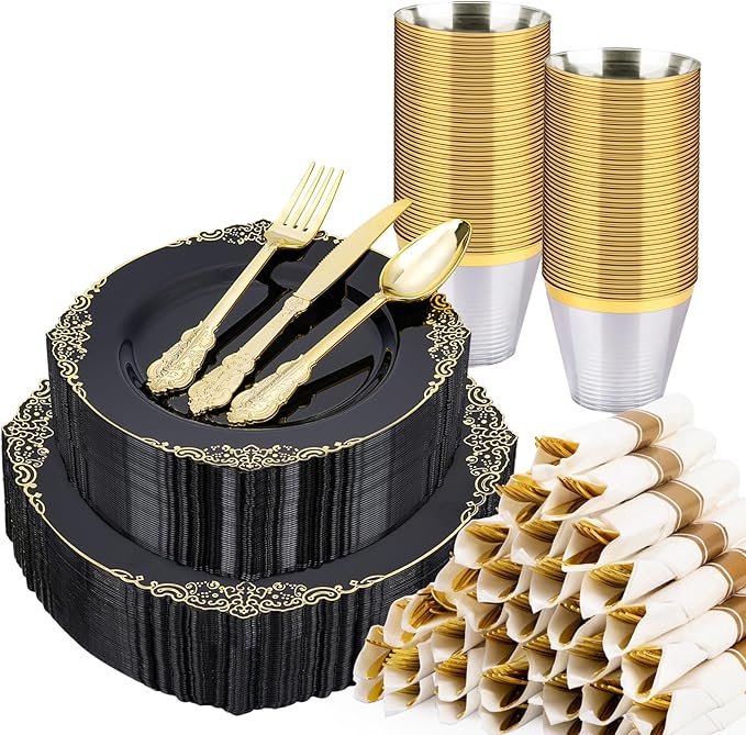 Realluck 350 PCS Black and Gold Plastic Plates, Plastic Dinnerware Set for 50 Guests, 100 Disposable Plates, 150 Silverwares, 50 Cups, 50 Napkins for Party, Wedding, Graduation