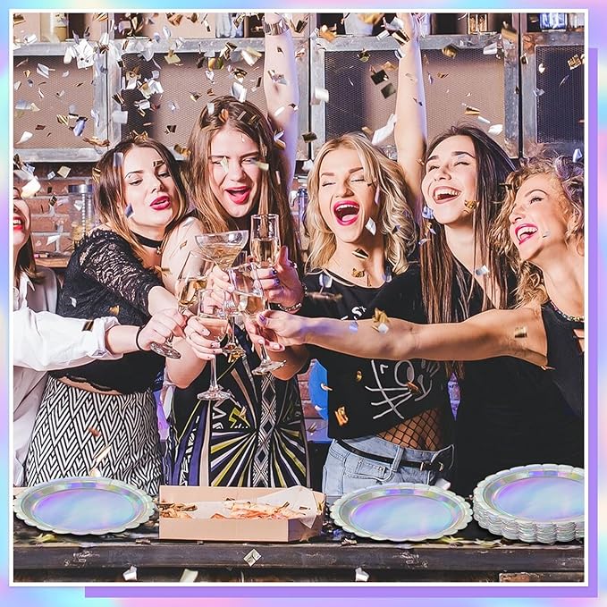 NatNarr 30 Pcs Iridescent Plates Disposable 9 Inch Scalloped Holographic Plates Sliver Birthday Cake Dessert Plate for 2026 Graduation, Mermaid, Disco, Unicorn Birthday