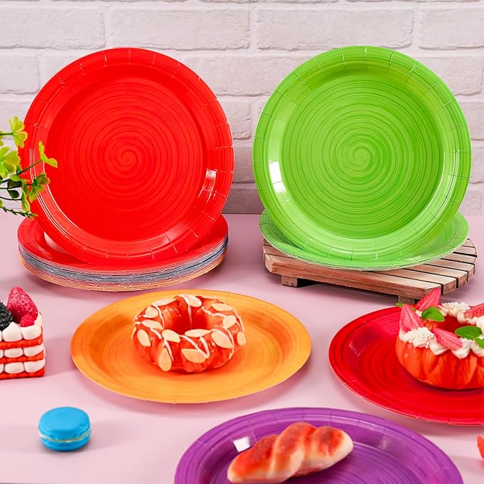 JarThenaAMCS Color Spiral Paper Plates Rainbow Party Plates Disposable Dessert Plate for All Seasons Birthday Holiday Baby Shower Picnic Supplies, 36 Pcs