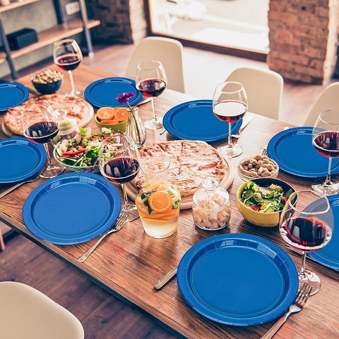 QZYL 50 PCS Disposable Plates, 9 Inches Dark Blue Heavy Duty Round Set for Daily Use, Picnic, Anniversary, Birthday, Passover Party Supplies