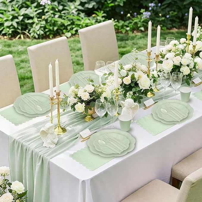 NatNarr 350 Pcs Sage Green Party Paper Plates and Napkins Set Include 9" Dinner Plates & 7" Dessert Plate Disposable Scalloped Tableware Serve 50 Guest for Wedding Baby Shower Bridal Shower Birthday