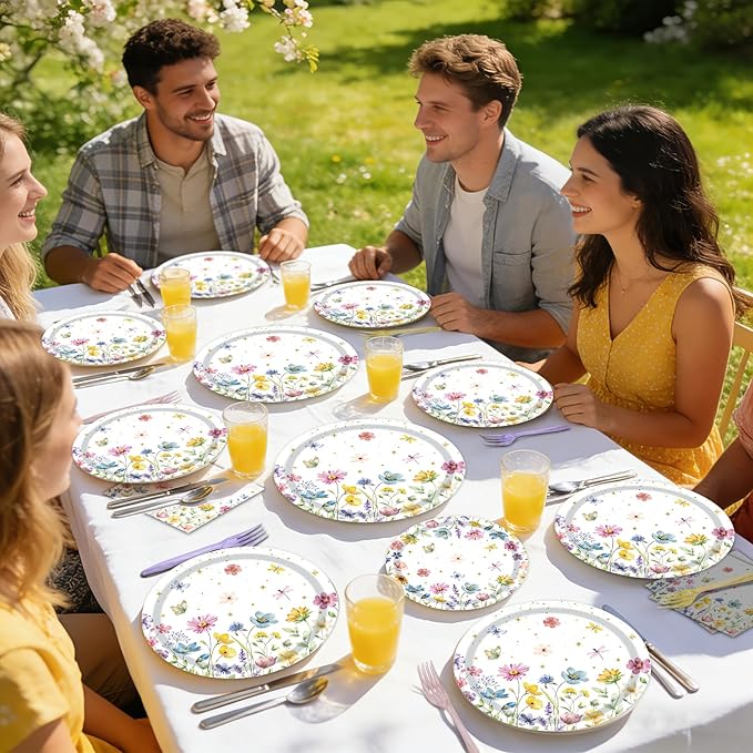 96 Pieces Wildflower Plates and Napkins, Spring Floral Flower Disposable Tableware with Paper Plates Napkins Forks for Wildflower Party Supplies, Birthday Baby Shower Tea Party Decorations, Serves 24