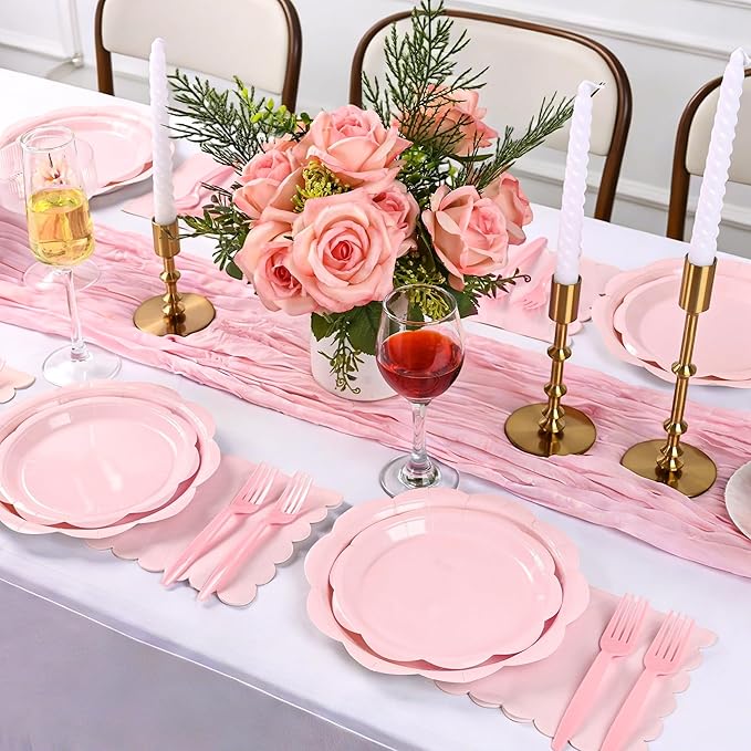 96 Pcs Pink Paper Plates and Napkins Set Party Supplies, Tableware set for 24 Guest include Disposable Pink Scalloped Plates, Napkins and Forks for Baby Shower Bridal Shower Wedding Birthday