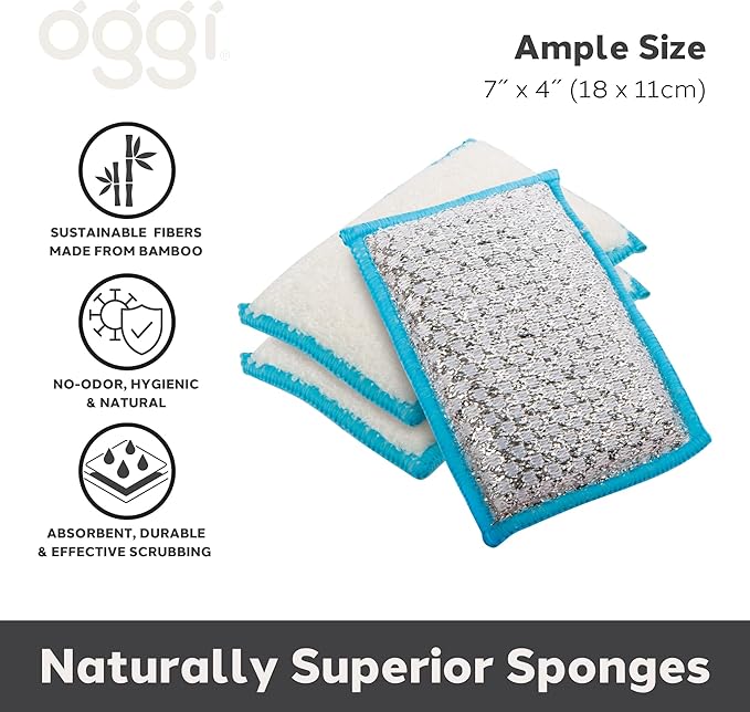 OGGI Bambou Odor-Free Scrubbing Sponges - Natural Scrub Sponges for Dishes, 91% Bamboo-Derived Rayon Cellulose Fiber, Reusable, Absorbent, Durable Scrubbers, Non-Scratch, Washable - 3 pcs, 7x4