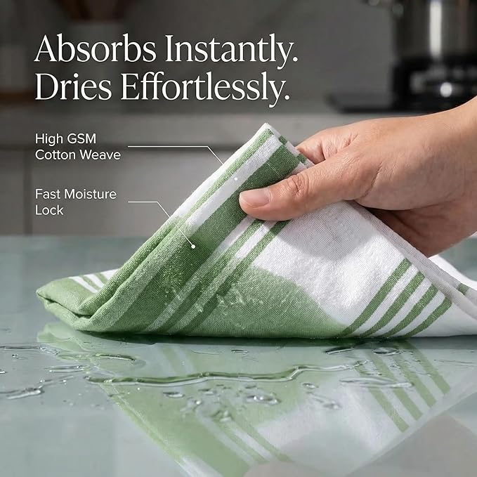 Urban Villa Kitchen Towels 100% Cotton Dish Towels for Kitchen (Set of 6)20”x30” Dish Cloths Highly Absorbent Kitchen Linen Set with Hanging Loop Perfect for Drying Dishes Cleaning Towels-Green White