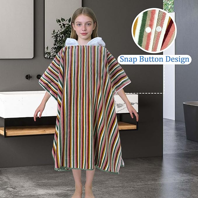 VOOVA & MOVAS Hooded Poncho Towel for Teens Unisex 100% Cotton Vintage Premium Beach Outdoor Bath Cover Up Multicolor Retro Stripe