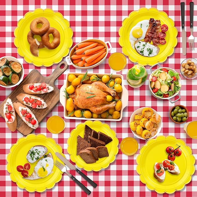 50 Pcs Yellow Paper Plates, 25 Pcs 9" and 25 Pcs 7" Disposable Yellow Scalloped Plates with Gold Foil for Graduation Wedding Baby Shower Birthday Party Picnic BBQ