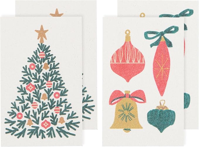 Now Designs Festive Fir Christmas Pop Up Sponges Set of 4 Assorted - Reusable Holiday Cleaning Essentials