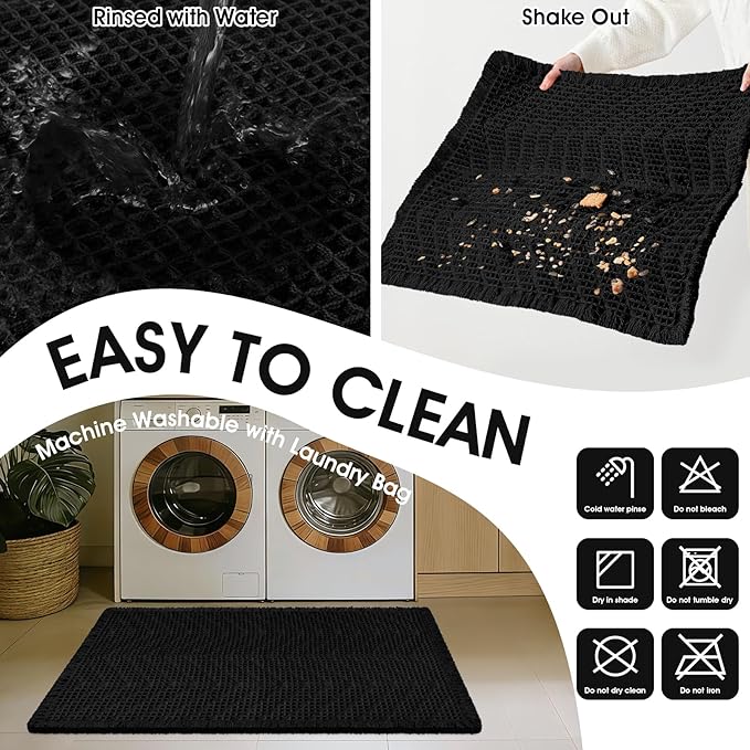 Upgraded Waffle Bath Mat, 32"x20" Black-Herringbone, Super Absorbent Non-Slip Quick Dry Bathroom Rugs with Tassels, Machine Washable Ultra Soft Boho Bath Rugs, Toilet Mats Boho Farmhouse Decor