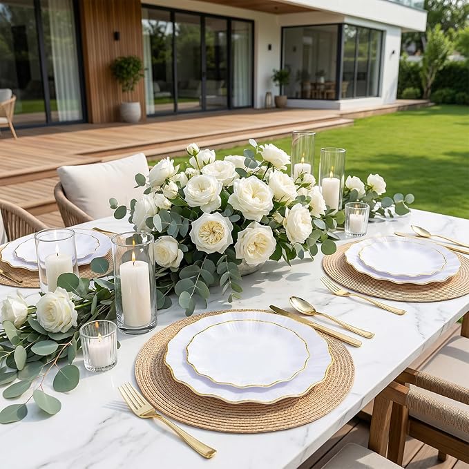 U-QE 150PCS White and Gold Plastic Plates with Gold Disposable Silverware for 30 Guests, Vintage White Plastic Plates Include 30 Dinner Plate,30 Dessert Plate,90 Cutlery for Bridal Shower, Party