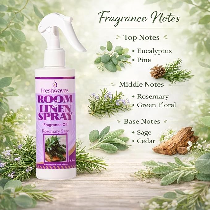 Freshwaves Room & Linen Spray | Rosemary Sage Fragrance Oil | 8.8oz White Trigger Bottle | Air Spray Freshener | Room Spray Odor Eliminator