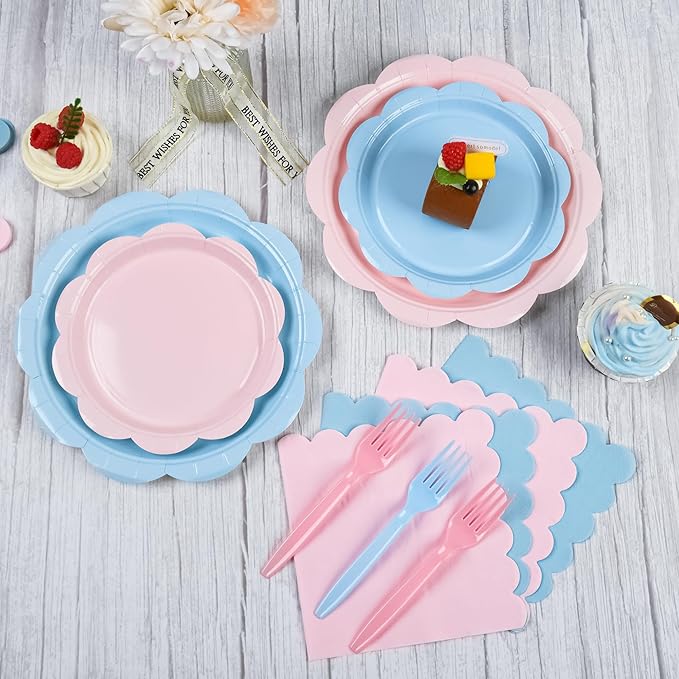 96 Pcs Baby Gender Reveal Plates and Napkins Set Party Supplies, Tableware set for 24 Guest include Light Pink and Blue Scalloped Plates, Napkins and Forks for Baby Shower Gender Reveal Party
