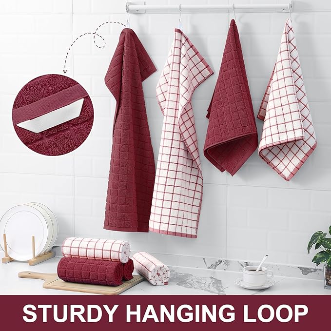 Homaxy Premium Cotton Kitchen Towels 16"x 28", Large Natural Ring Spun 390 GSM Dish Towels, Super Absorbent Terry Kitchen Hand Towels, Soft Tea Towels with Hanging Loop, Red Check Design, 4 Pack
