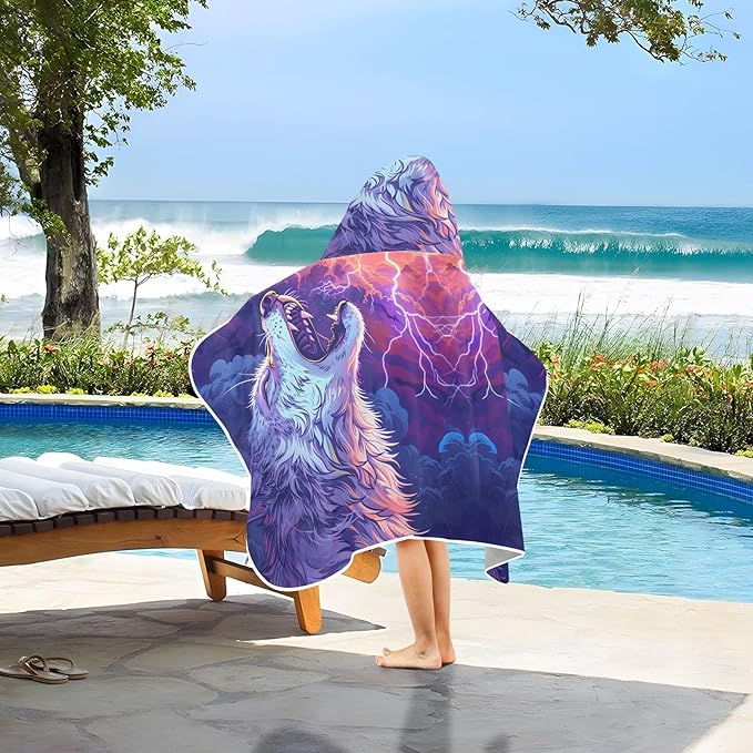 Hooded Towel for Kids Howling Wolf with Lightning in The Sky Beach Wrap Bath Towels 50x23.5in