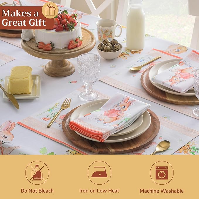 Maison d' Hermine 100% Cotton Cloth Napkins Set of 4 Everyday Reusable Square Napkins Cloth Washable Dinner Party Wedding Restaurant Hotel Kitchen Spring Summer (Bunny Party, 20" x 20")