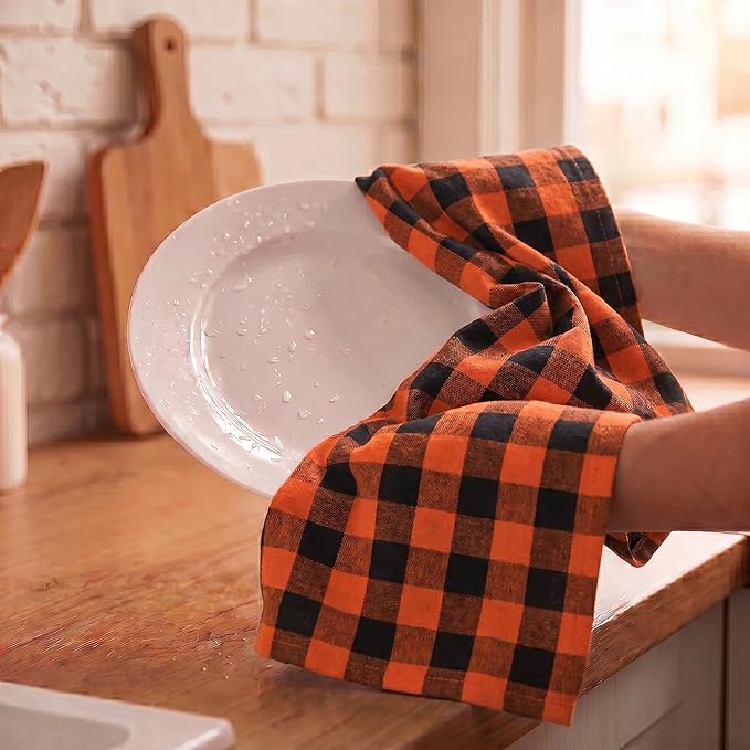 Urban Villa Halloween Kitchen Towels Set of 6 Dish Towels Size 20''x30'' Buffalo Checks Orange/Black 100% Cotton Highly Absorbent Quick Drying Dish Cloths & Dish Towels with Hanging Loop Tea Towels