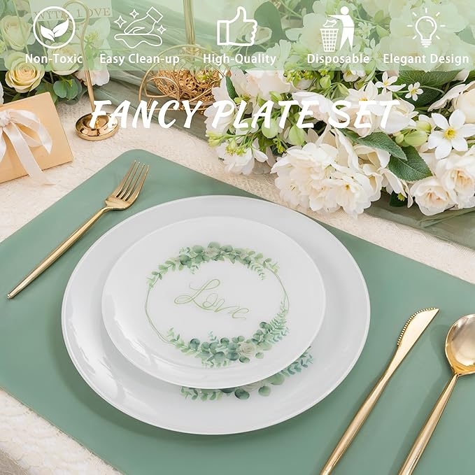 30Pcs White Plastic Plates - Love Plates Disposable Heavy Duty, Fancy Floral Pattern Perfect for Wedding, Holidays - 10.25" Dinner & 7.5" Dessert Plastic Plate