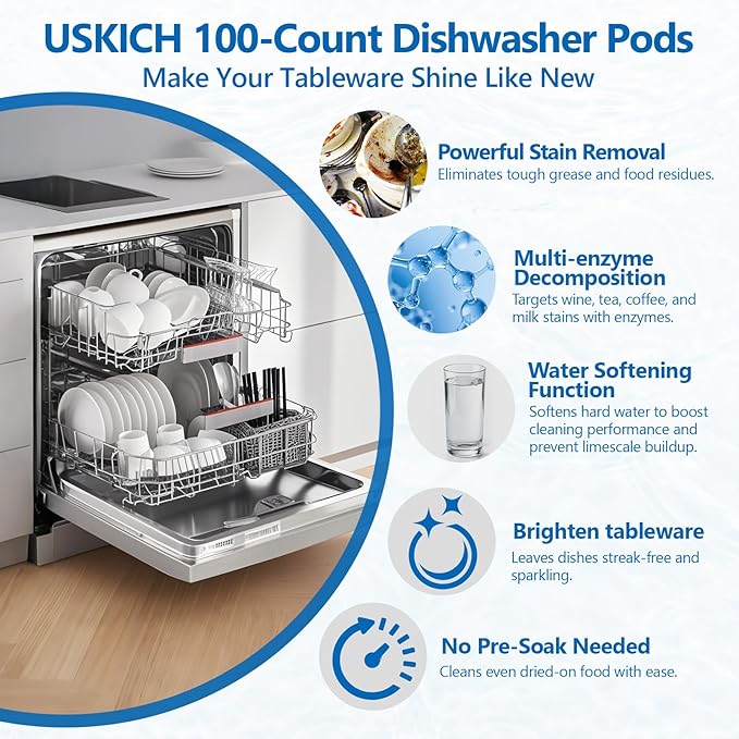 USKICH 100 Count Dishwasher Pods, No Pre-Rinse Required, Dishwasher Detergent Soap Effectively Removes Burnt-On Stains & Grease, Dishwasher Detergent Creates Sparkling Dishes & Glasses