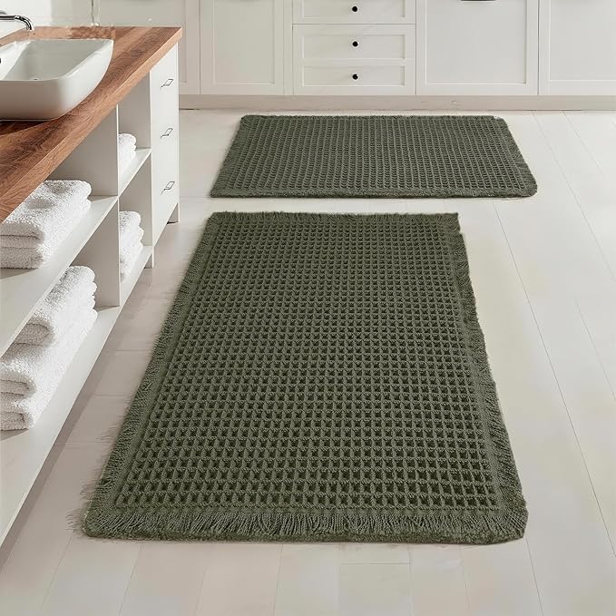 Set of 2 Waffle Bathroom Rugs, Non Slip Absorbent Waffle Knit Bath Mat for Shower Floor, Tub and Bathroom Door, Ultra Soft Quick Dry, Olive Green, 18"x30"+24"x36"