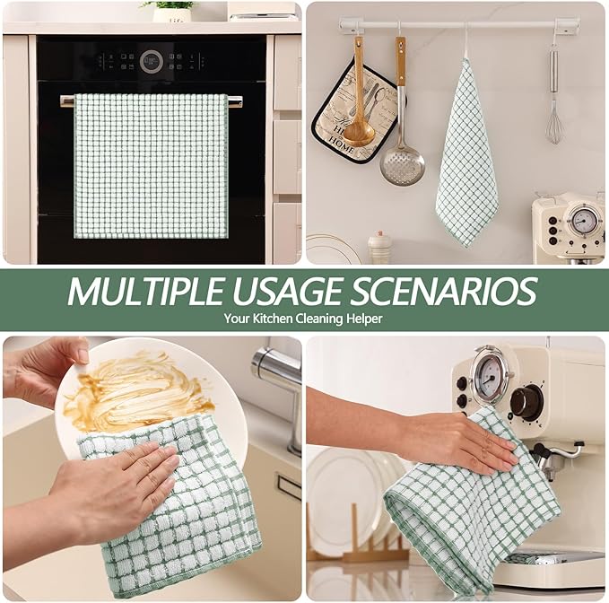 Homaxy Kitchen Towels and Dishcloths Set, 16 x 25 and 12 x 12 Inches, Set of 12 Cotton Terry Kitchen Dish Towels, Super Soft and Absorbent Dish Cloths, Grass Green