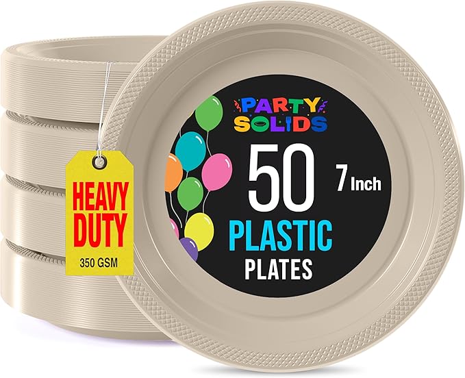 Exquisite Party Solids Ivory Plastic Plates For Party Supplies 7" Ivory Disposable Plates Heavy Duty 50 Pcs Plastic Dinnerware Sets Heavy Duty 350 GSM Disposable Dinnerware Set