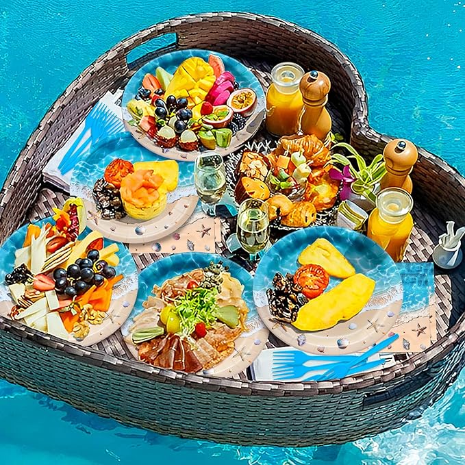 100 Pieces Beach Party Tableware Set – Ocean Wave Disposable Plates, Napkins and Forks, Seashell Starfish Summer Pool Party Supplies for Birthday, Beach Theme and Tropical Decorations