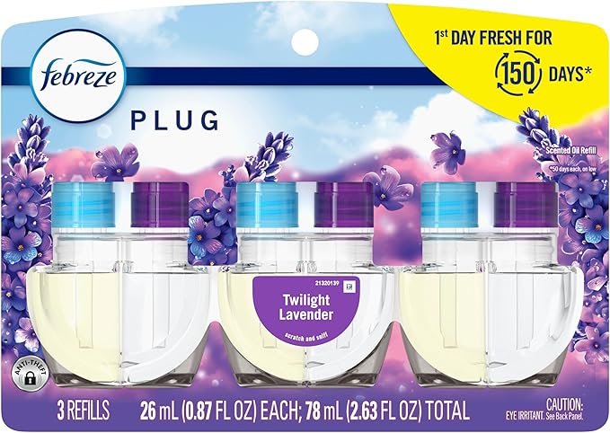 Febreze Plug In Air Freshener, Odor-Fighting Scented Oil Refill, Air Fresheners for Home and Bathroom and Kitchen, Long Lasting for Strong Odors, Twilight Lavender Scent, 0.87oz Refills, 3 Count