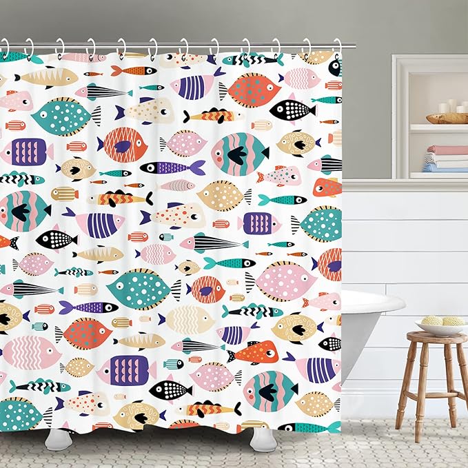 RosieLily Fish Shower Curtain, Kids Shower Curtains Set with 12 Hooks, Waterproof Shower Curtain, Cartoon Fun Fishes Bath Curtains, 72x72 ''
