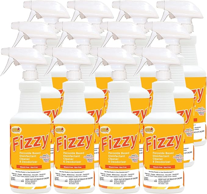 Fizzy RTU Disinfectant Cleaner Spray, Hydrogen Peroxide, Sparkling Zest Scent, Ready to Use, 32 oz Quart, Case of 12 – Hard Non-Porous Surfaces