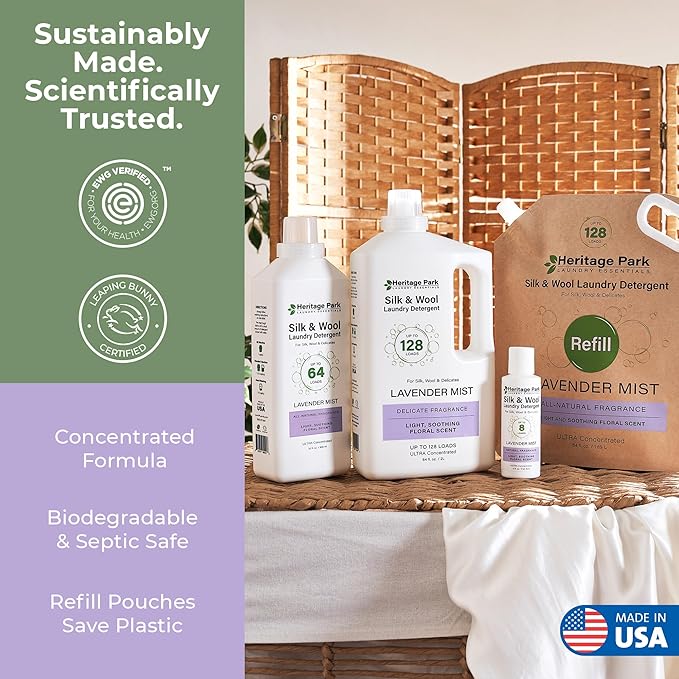 Heritage Park Silk & Wool All-Natural Lavender Mist Scent, pH-Neutral Laundry Detergent - Enzymes-Free, Ultra Concentrated (4 fl oz Trial Size)