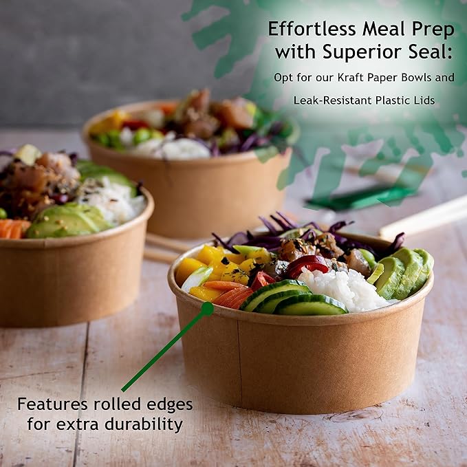 Disposable Bowls with Lid | Meal Prep Paper Bowls | To Go Salad Ramen Food Containers with Lids (33 oz - 50 Sets)