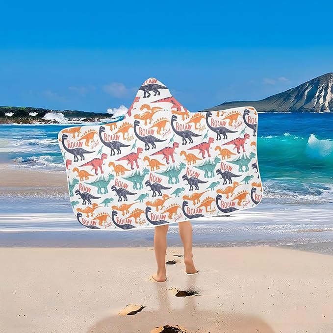 Hooded Towel for Kids Colorful Dinosaur and Word Beach Wrap Bath Towels 50x23.5in