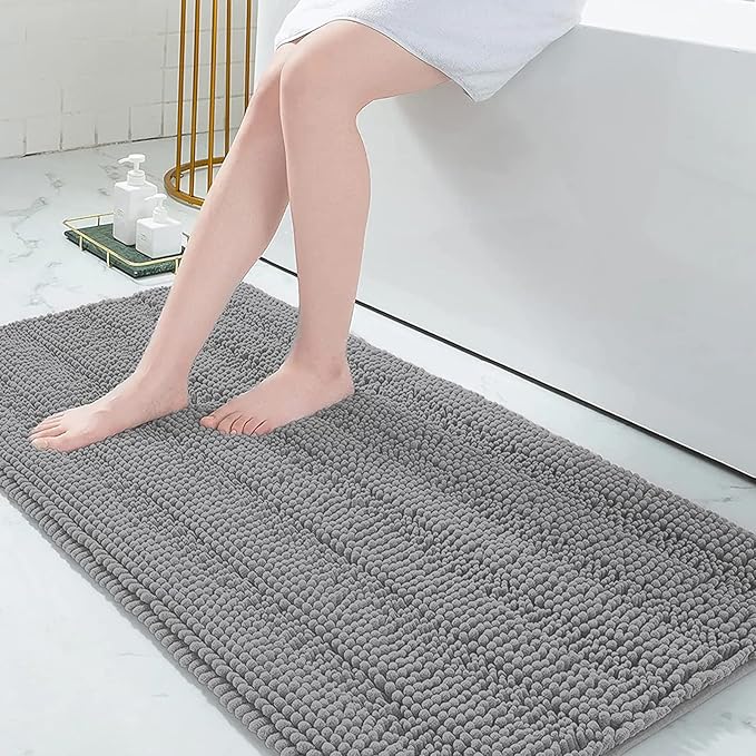 Grandaily Chenille Striped Bathroom Rugs 59x24, Extra Thick and Absorbent Bath Mats, Non-Slip Soft Plush Shaggy Shower Carpet, Machine Wash Dry, Bath Rug for Bathroom, Dark Gray