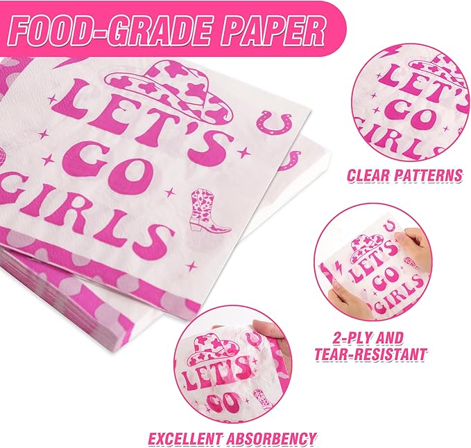100 Pcs Let's Go Girls Party Supplies for 25 Guests, Heavy-Duty 7" & 9" Paper Plates, 2-Ply 13" Napkins & Plastic Forks, Disposable Disco Cowgirl Tableware Set for Birthday Party