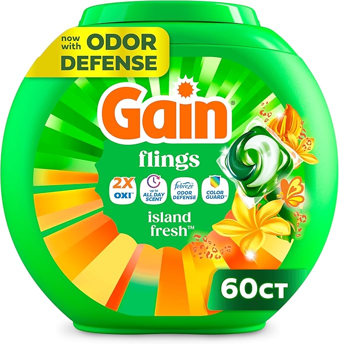 Gain Flings Liquid Washing Detergent Pacs with Odor Defense + Color Guard, Island Fresh Scent, 4-In-1 Liquid Laundry Detergent Pods, Clean & Fresh, 60 Count (Packaging May Vary)