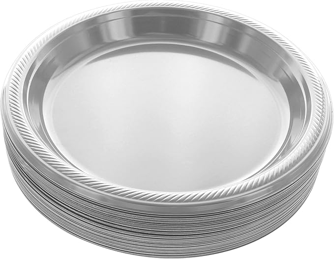 Amcrate Disposable Plastic Plates Silver, 10.4 Inches Plastic Dinner Plates, Strong and Sturdy Disposable Plates for Party, Dinner, Holiday, Picnic, or Travel Party Plates, Pack of 50