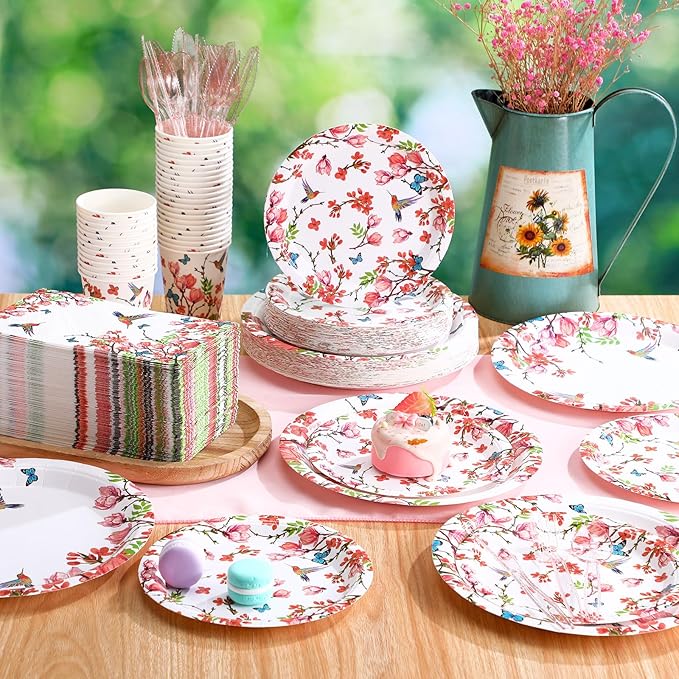 Sinmoe 400 Pcs Spring Plates and Napkins Set Paper Flower Dinnerware Disposable Party Supplies for 50 Guest Dinnerware Knife Fork Spoon for Spring Birthday Party(Multicolor,Bird)