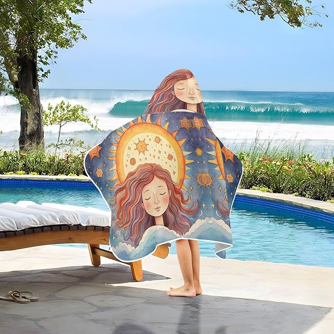 Hooded Towel for Kids Beautiful Girl Meditating Under The Sun Pattern Beach Wrap Bath Towels 50x23.5in
