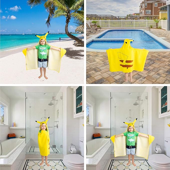 Pokemon Pikachu Bath and Beach Soft Cotton Terry Hooded Towel Wrap, 24" x 50", (Officially Licensed Product) by Franco