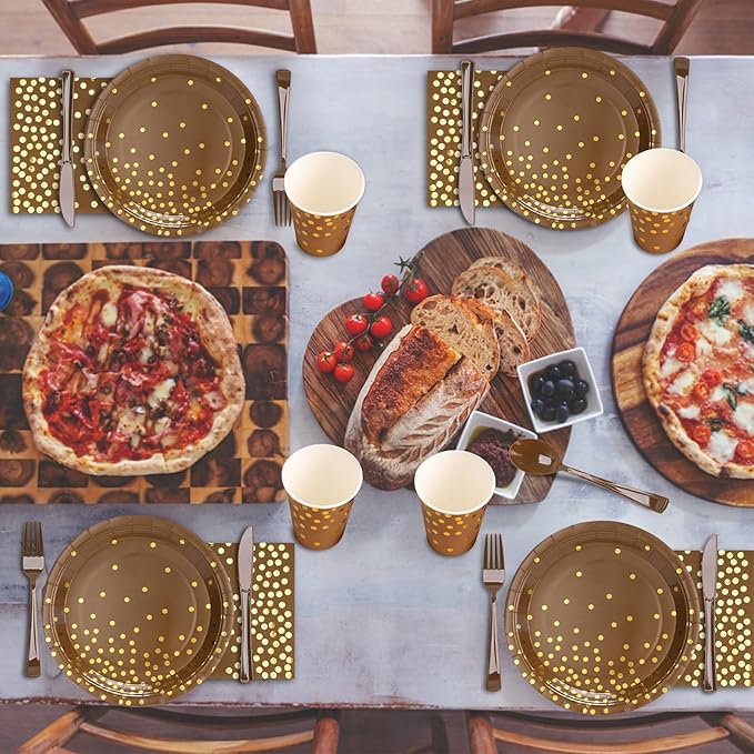 Brown and Gold Party Decorations, Brown Plates and Napkins Party Supplies 175Pcs Terracotta Paper Plates for Mexicanos Birthday Holiday, Serves 25