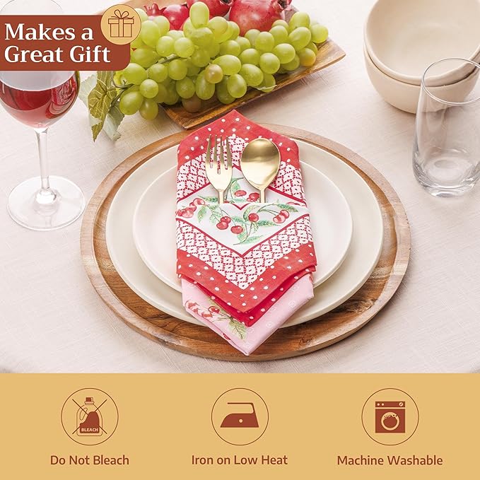 Maison d' Hermine 100% Cotton Cloth Napkins Set of 4 Everyday Reusable Square Napkins Cloth Washable Dinner Party Wedding Restaurant Hotel Kitchen Spring Summer (Pink Cherries, 18" x 18")