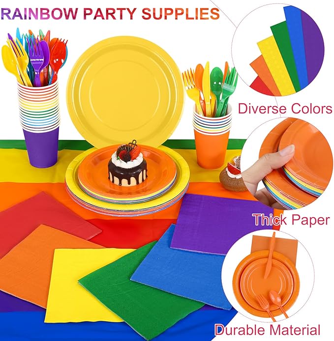 Kochorie 169 Pieces Rainbow Party Supplies Disposable Dinnerware Set Include Plates and Cups Napkins Plastic Forks Knives Spoons Tablecloth for Wedding Birthday Party Decorations, Serve 24 Guests